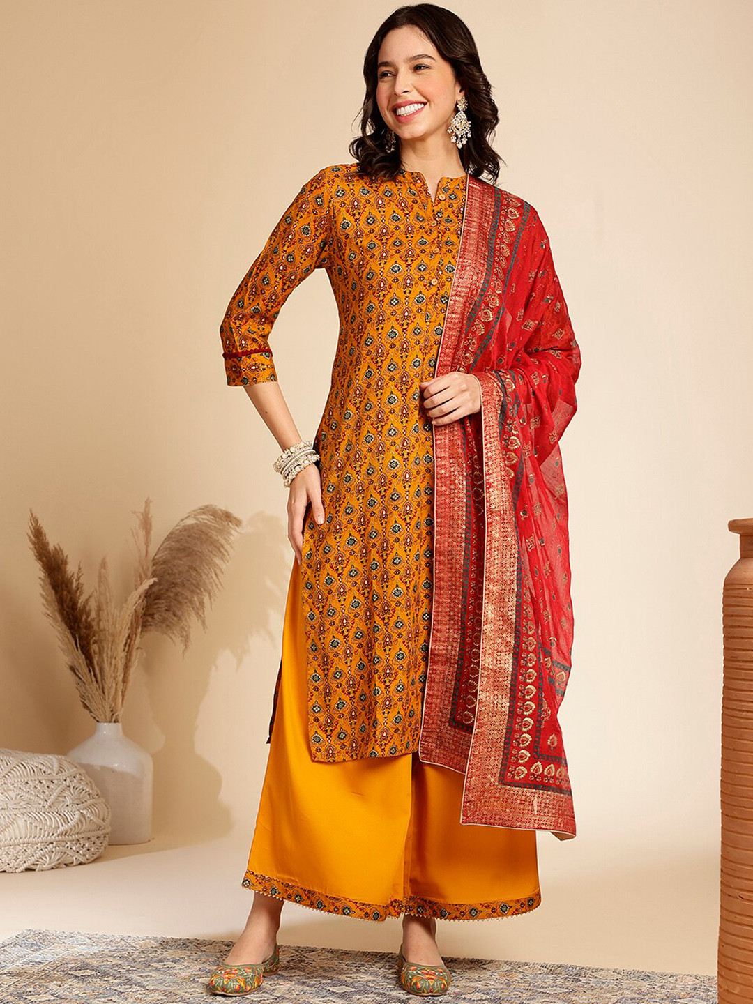 

Anouk Ethnic Motifs Printed Mandarin Collar Regular Kurta with Palazzos & Dupatta, Mustard