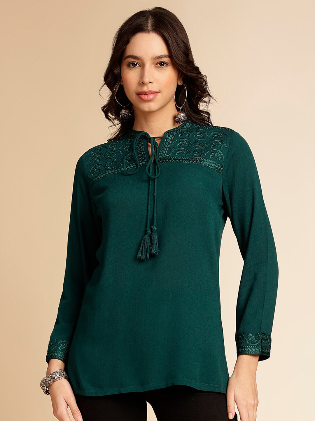 

Anouk Tie-Up Neck Thread Work Short Kurti, Green
