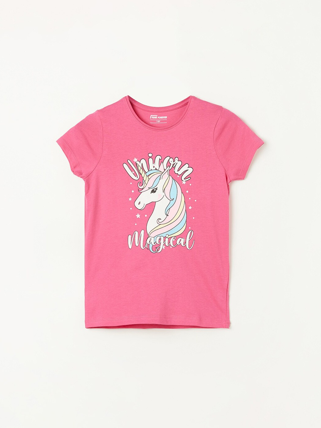 Fame Forever by Lifestyle Girls Unicorn Printed Round Neck Pure Cotton T-shirt, Pink