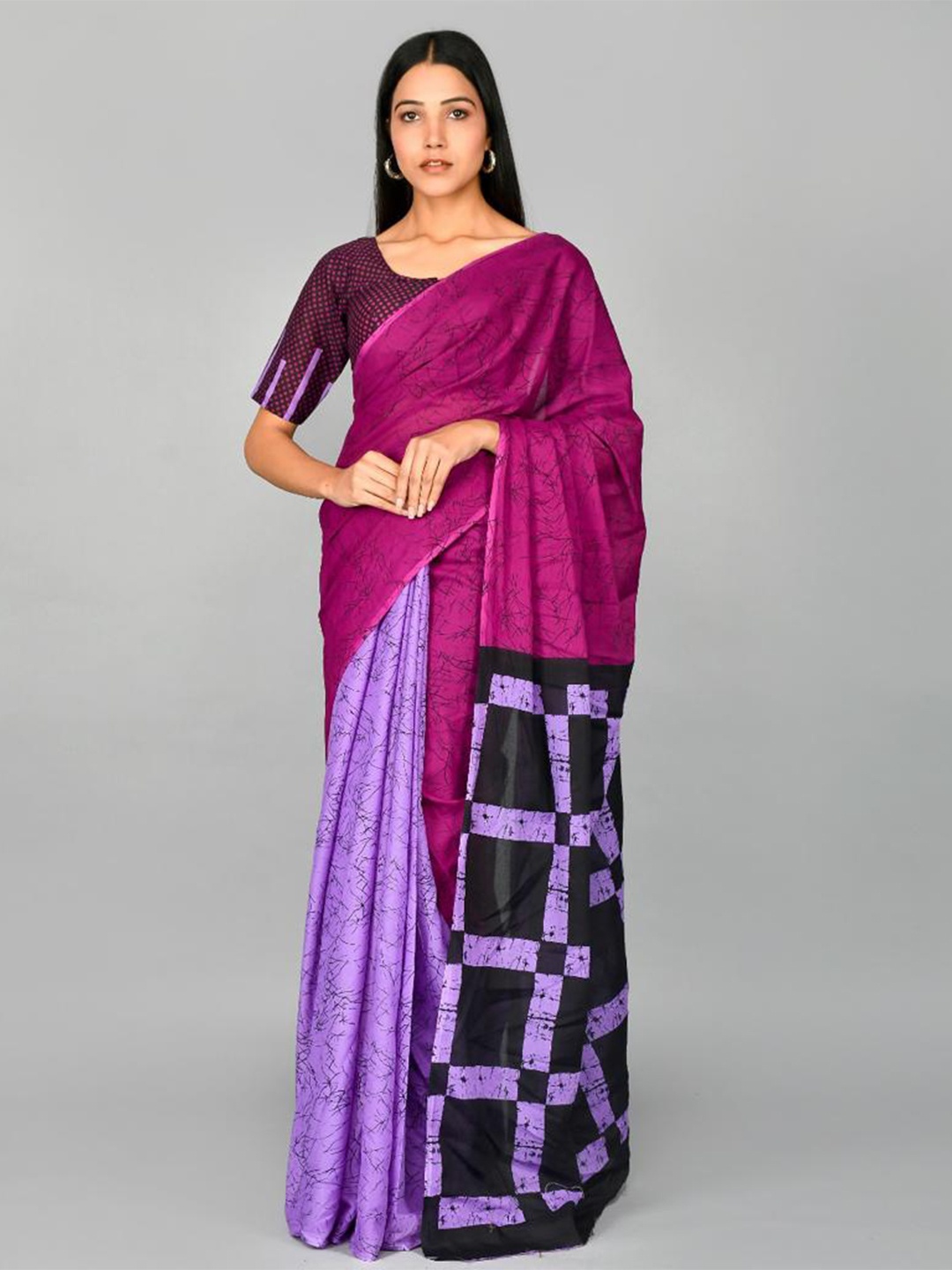 

KIAARON Printed Pure Cotton Block Print Half and Half Saree, Purple