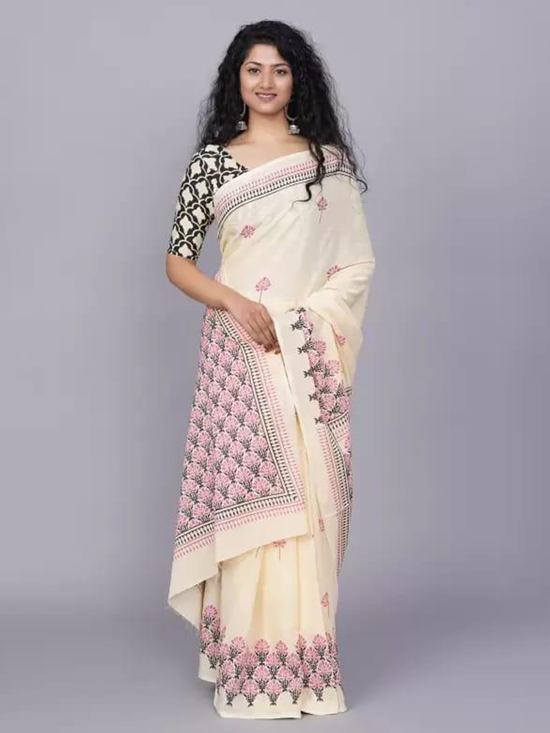 

KIAARON Ethnic Motifs Block Print Saree, Cream