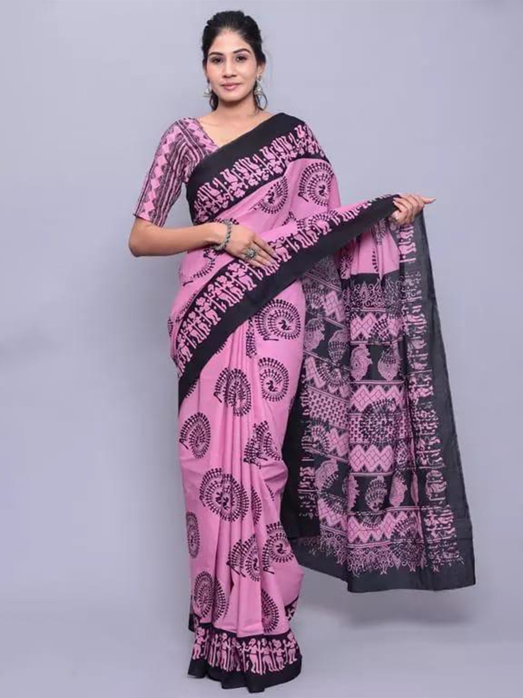 

KIAARON Ethnic Motifs Pure Cotton Block Print Saree, Pink