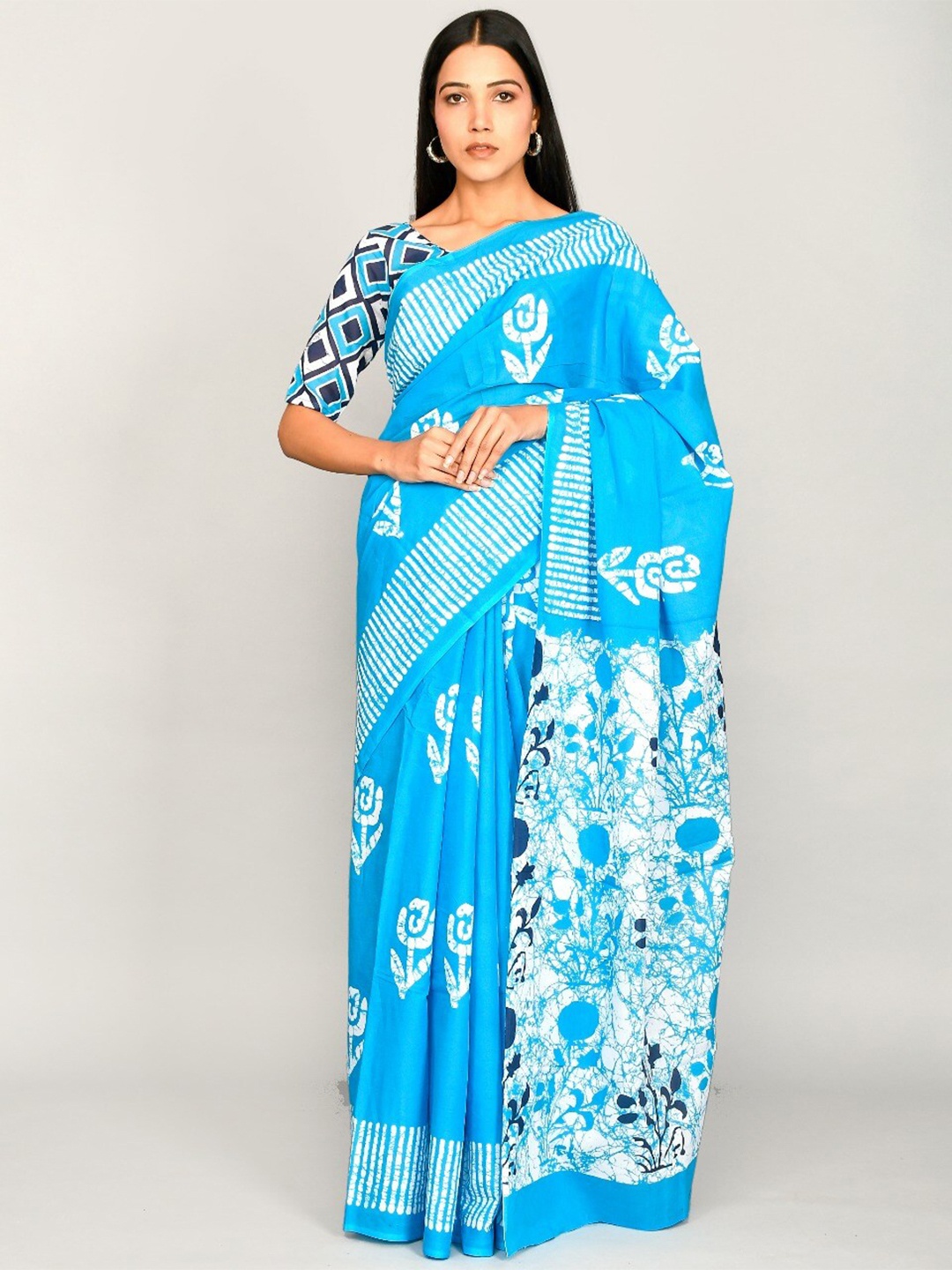 

KIAARON Ethnic Motifs Pure Cotton Block Print Saree, Blue