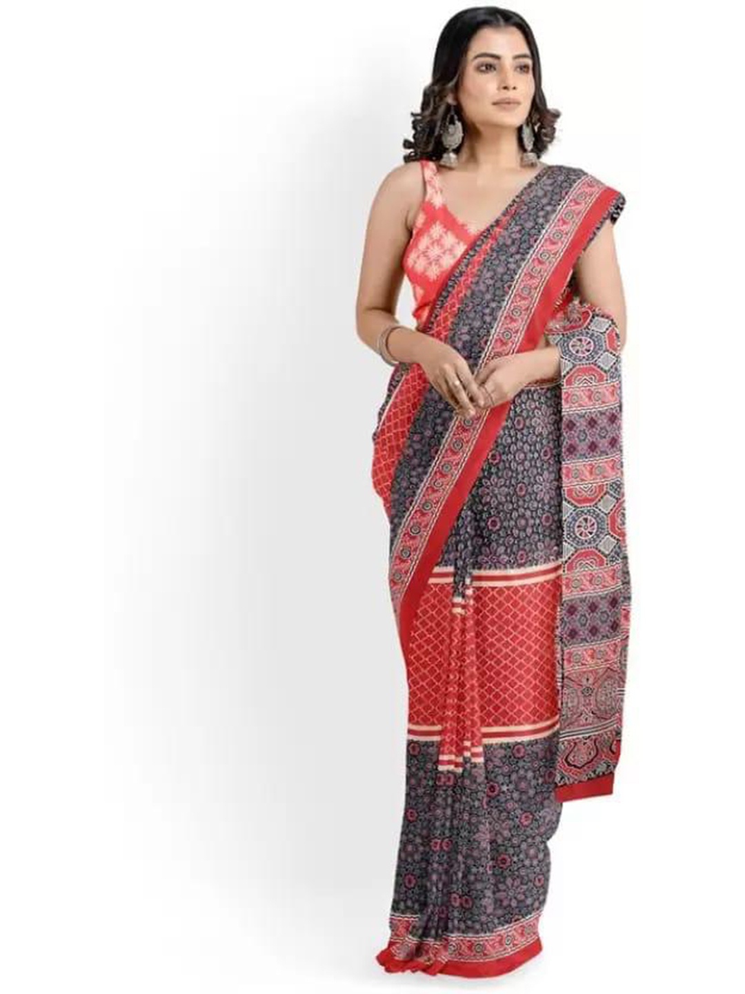 

KIAARON Pure Cotton Block Print Saree, Maroon