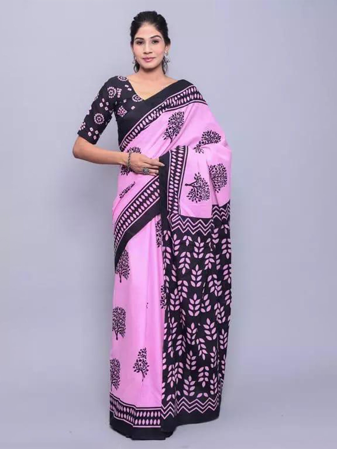 

KIAARON Ethnic Motifs Pure Cotton Block Print Saree, Pink