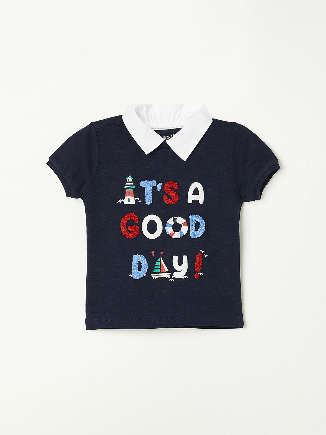 

Juniors by Lifestyle Boys Typography Printed Polo Collar Pure Cotton T-Shirt, Navy blue