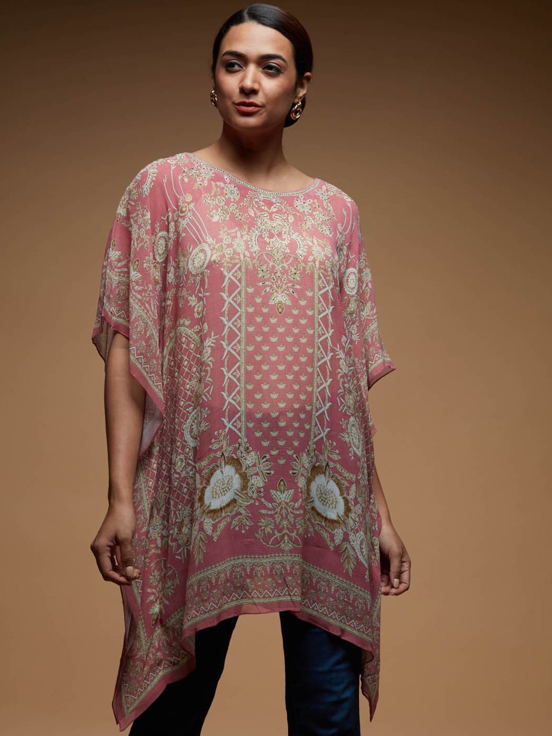 

Meena Bazaar Printed Round Neck Flared Sleeves Georgette Kaftan Kurti, Pink