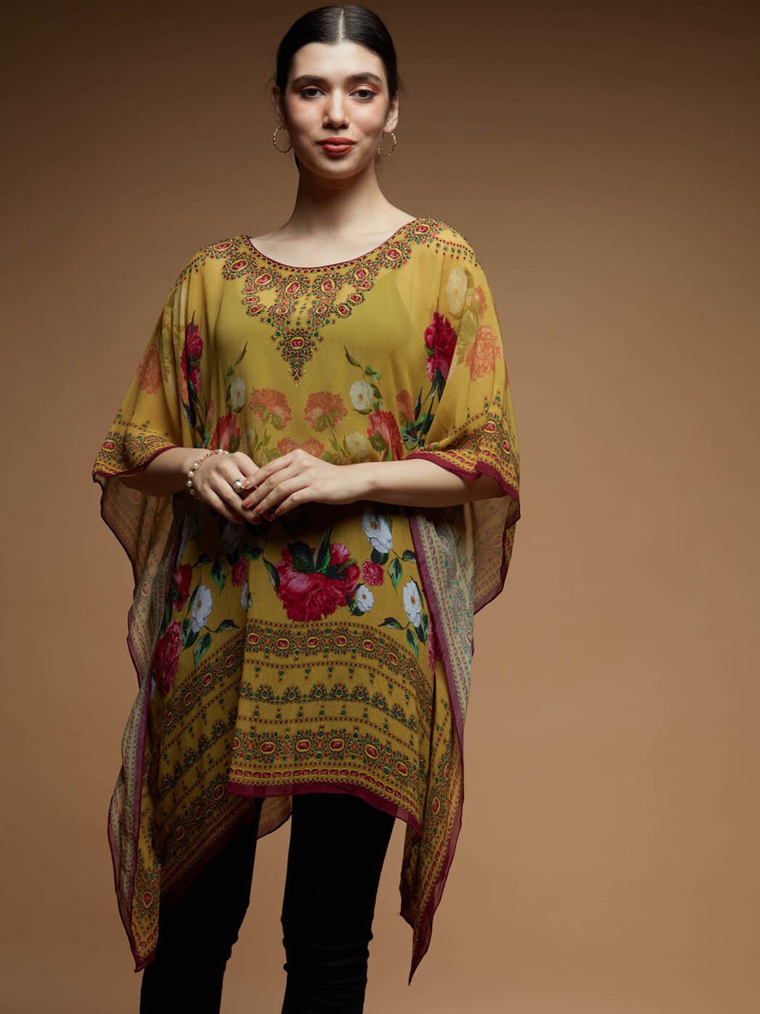

Meena Bazaar Floral Printed Pure Georgette Sequined Kaftan Kurti, Yellow