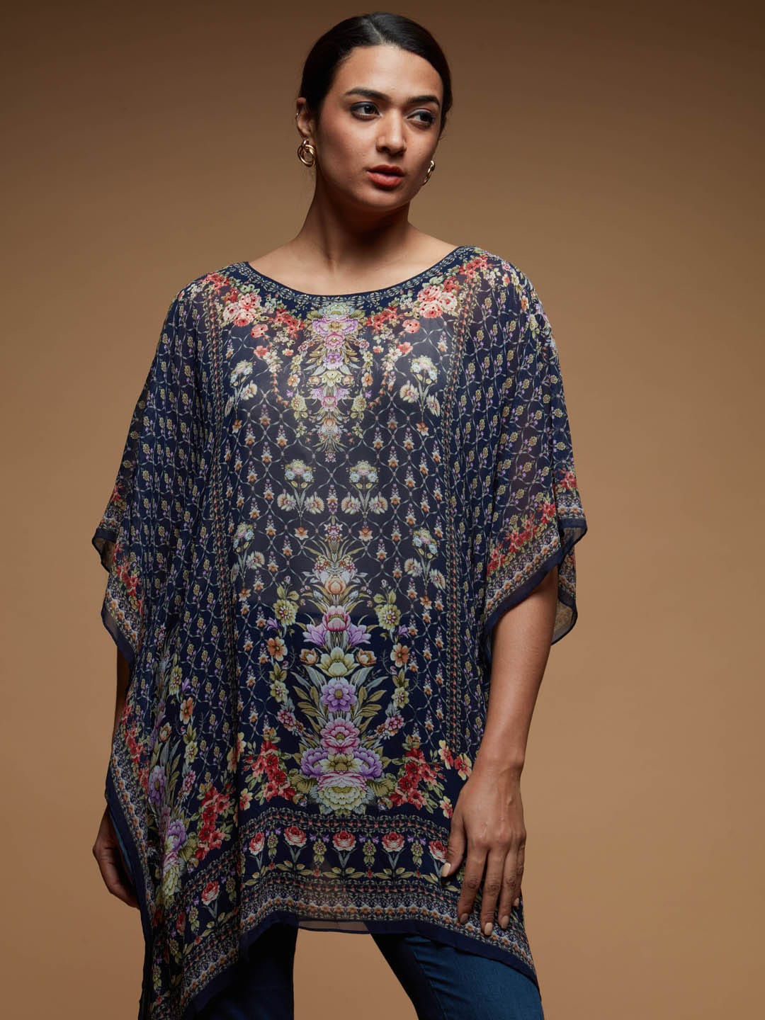 

Meena Bazaar Floral Printed Pure Georgette Sequined Kaftan Kurti, Navy blue