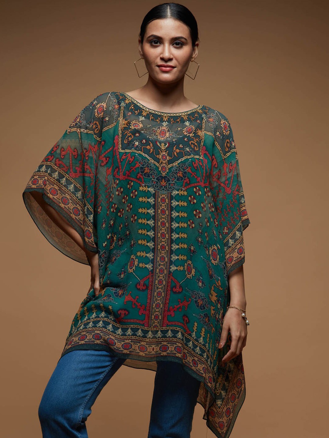 

Meena Bazaar Printed Boat Neck Flared Sleeves Georgette Kaftan Kurti, Green