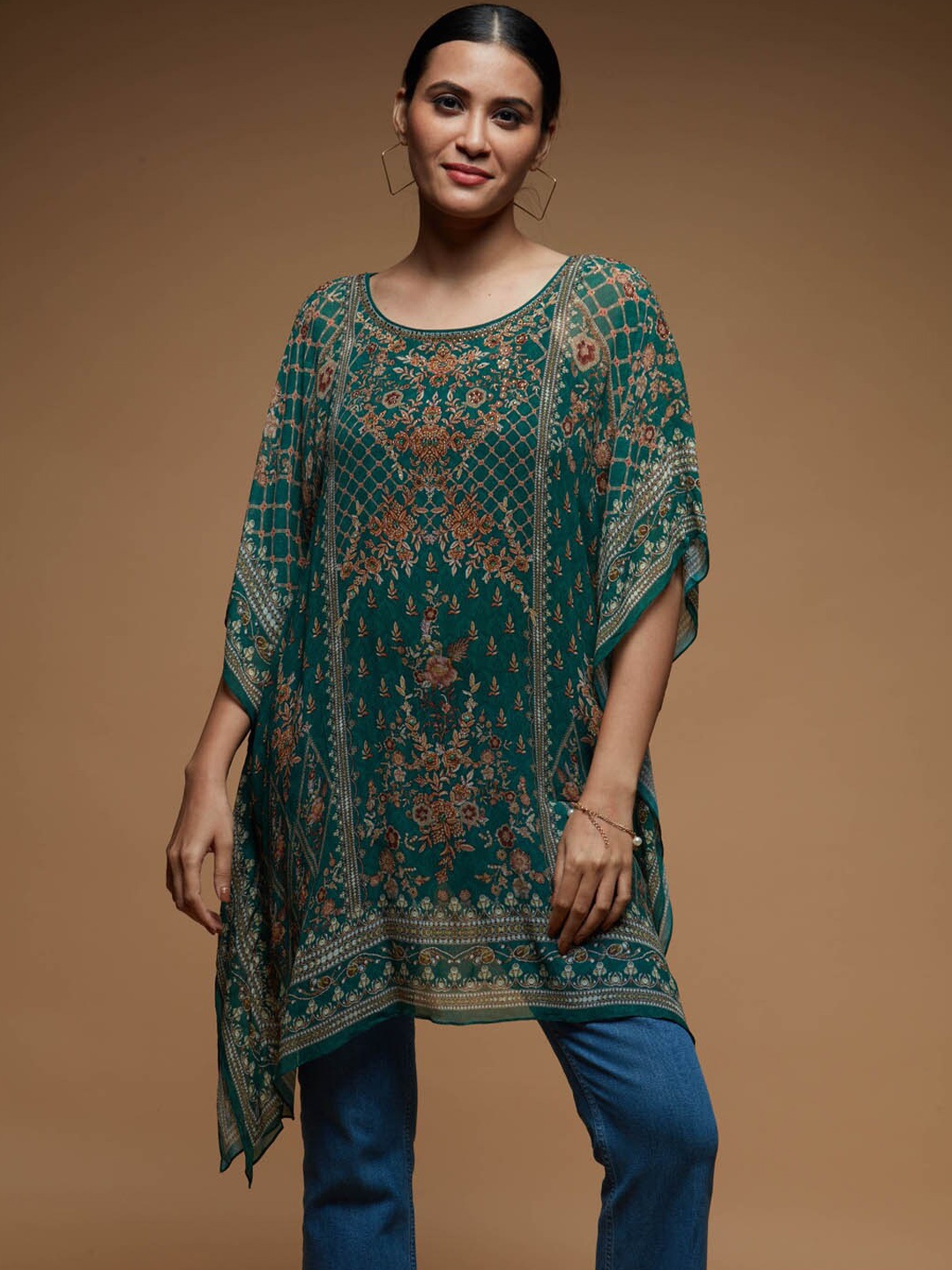 

Meena Bazaar Printed Round Neck Flared Sleeves Georgette Kaftan Kurti, Green