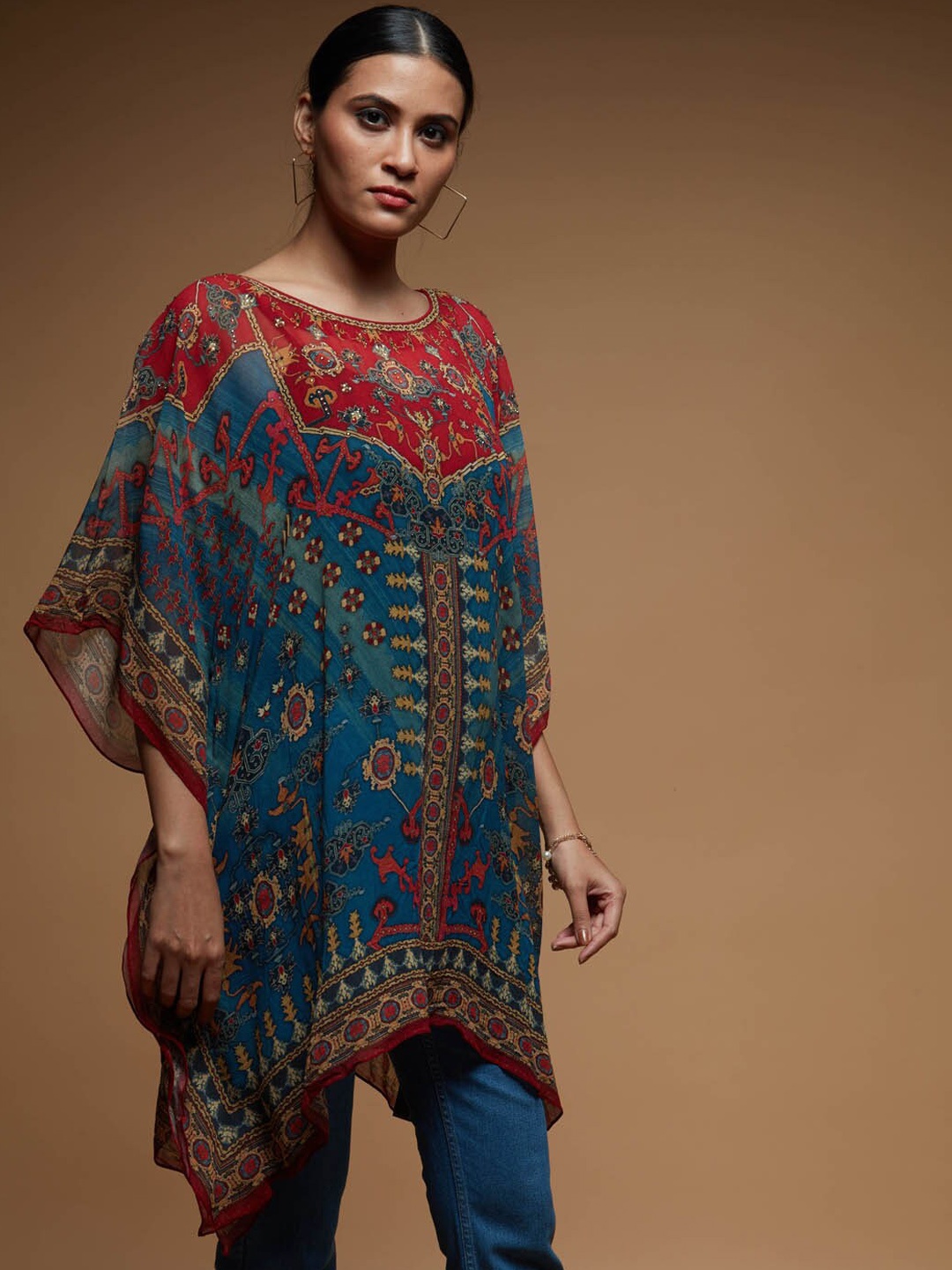 

Meena Bazaar Printed Round Neck Flared Sleeves Georgette Kaftan Kurti, Blue