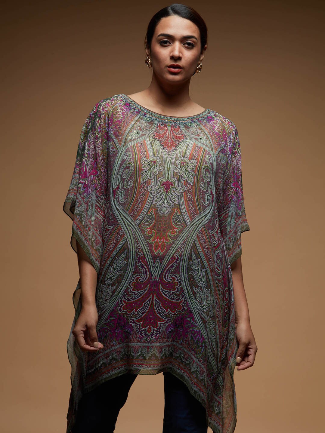 

Meena Bazaar Ethnic Motifs Printed Flared Sleeves Thread Work Detailed Kaftan Kurta, Olive
