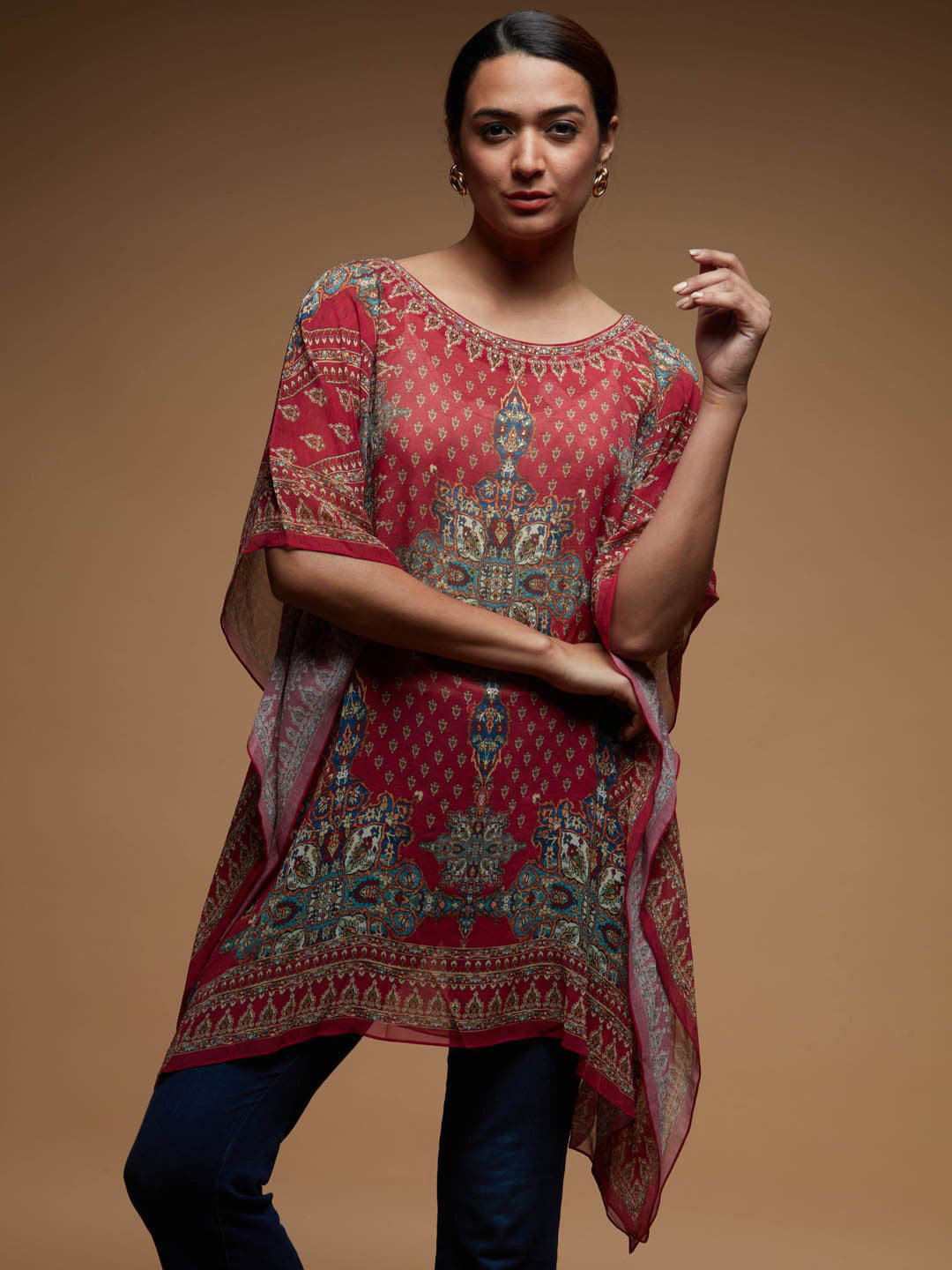 

Meena Bazaar Ethnic Motifs Printed Pure Georgette Sequined Kaftan Kurti, Magenta