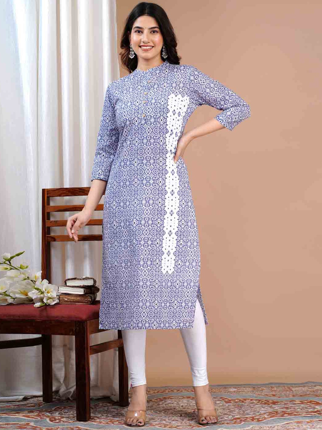 

Meena Bazaar Ethnic Motifs Printed Mandarin Collar Cotton Straight Kurta, Grey
