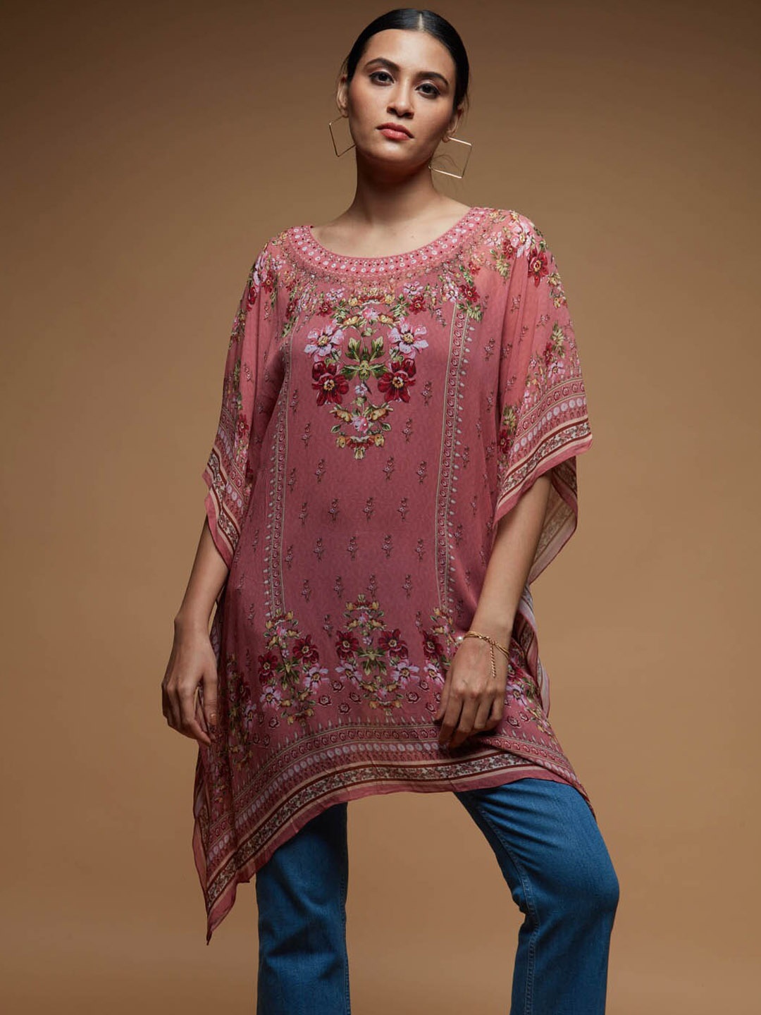 

Meena Bazaar Floral Printed Pure Georgette Sequined Kaftan Kurti, Pink