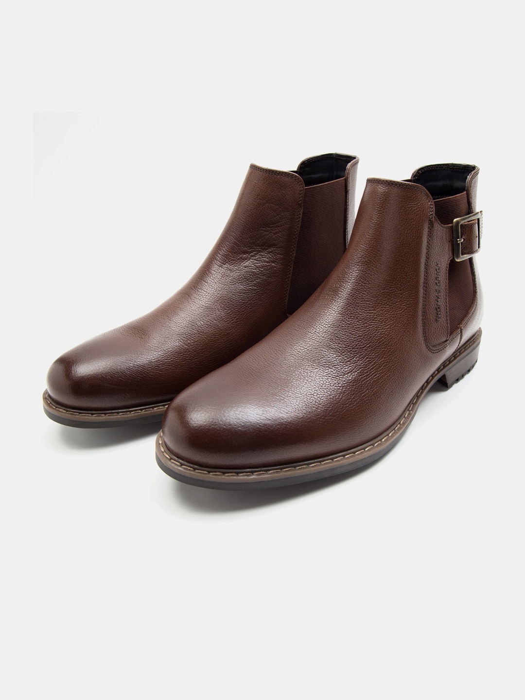 

THOMAS CRICK Men Buckle Detail Leather Chelsea Boots, Brown