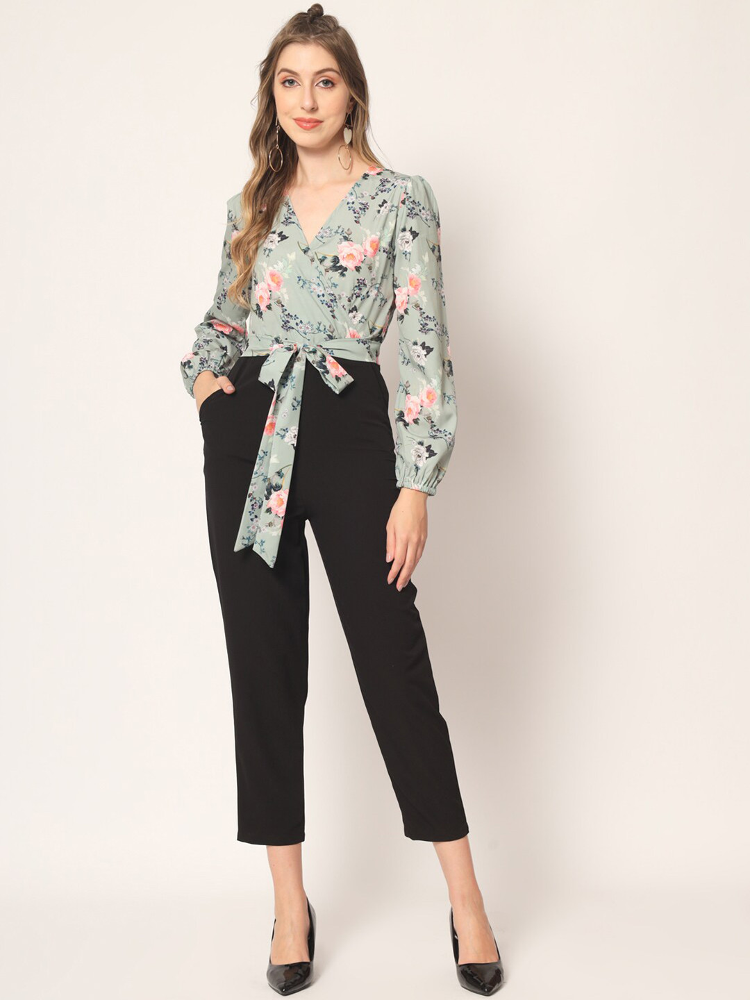 

BELAVINE Floral Printed Slim Fit Basic Jumpsuit With Belt, Green