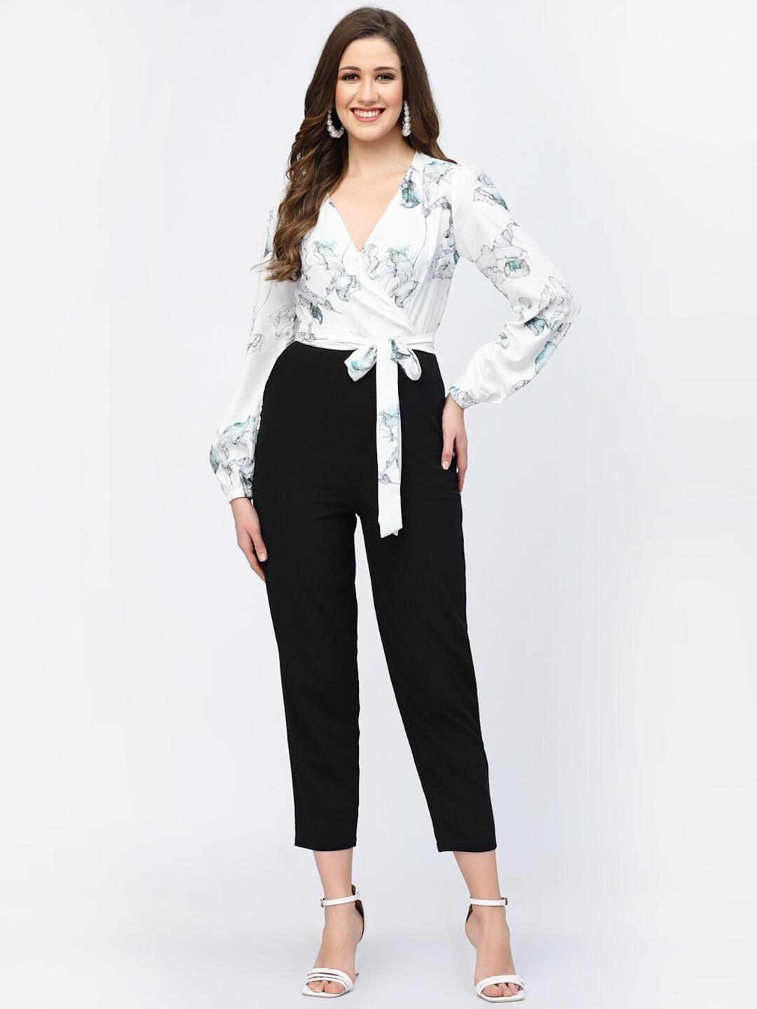 

BELAVINE Printed Waist Tie-Ups Basic Jumpsuit, White