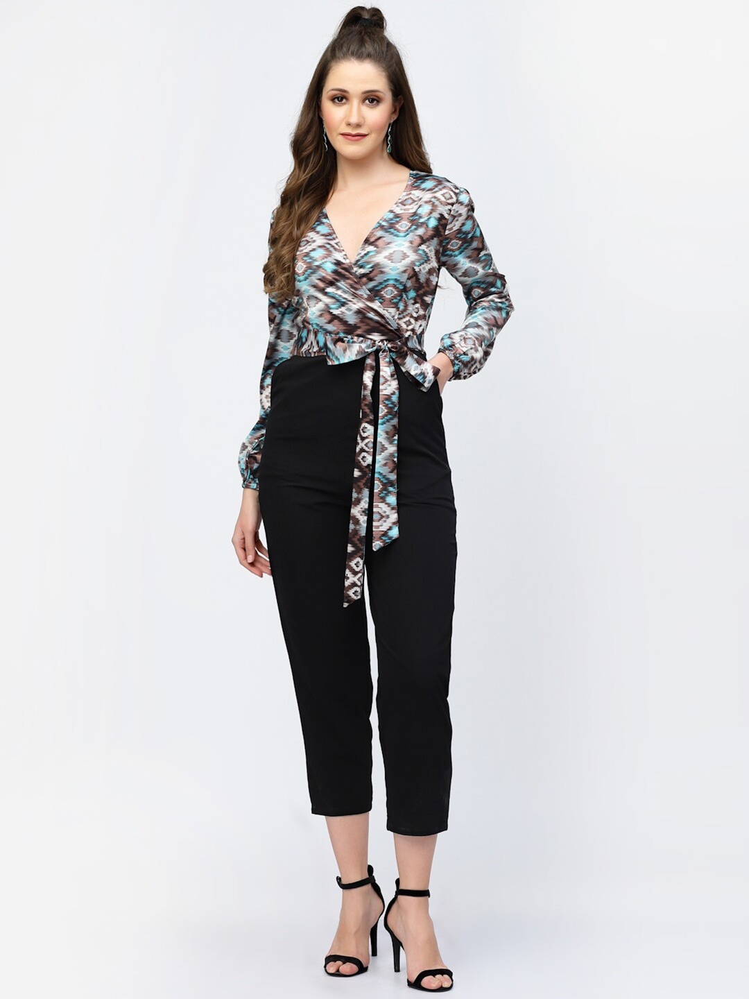 

BELAVINE Geometric Printed Slim Fit Basic Jumpsuit With Belt, Grey