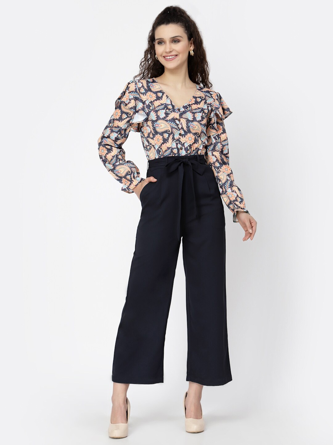 

BELAVINE Floral Printed Basic Jumpsuit With Belt, Navy blue