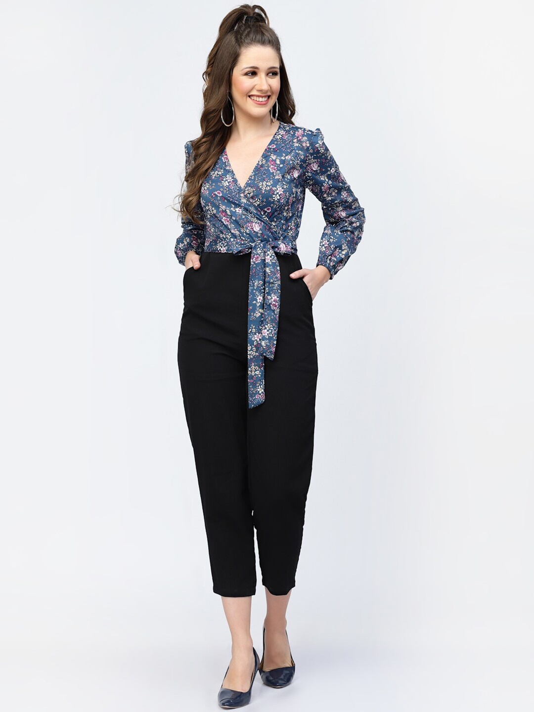 

BELAVINE Floral Printed Slim Fit Basic Jumpsuit With Belt, Navy blue