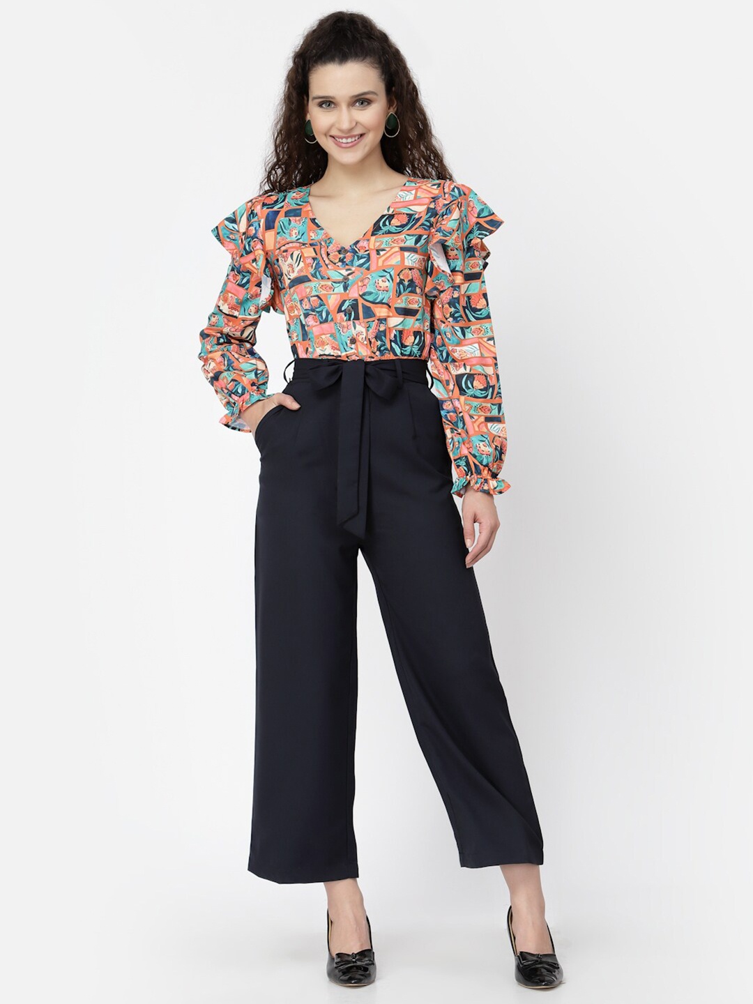 

BELAVINE Floral Printed Basic Jumpsuit With Belt, Orange