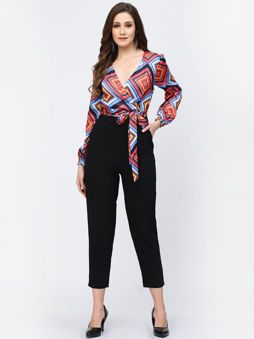 

BELAVINE Geometric Printed Slim Fit Basic Jumpsuit With Belt, Red