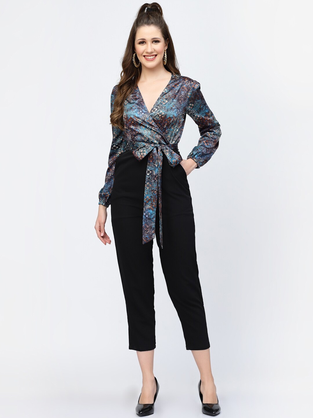 

BELAVINE Printed Waist Tie-Ups Basic Jumpsuit, Blue