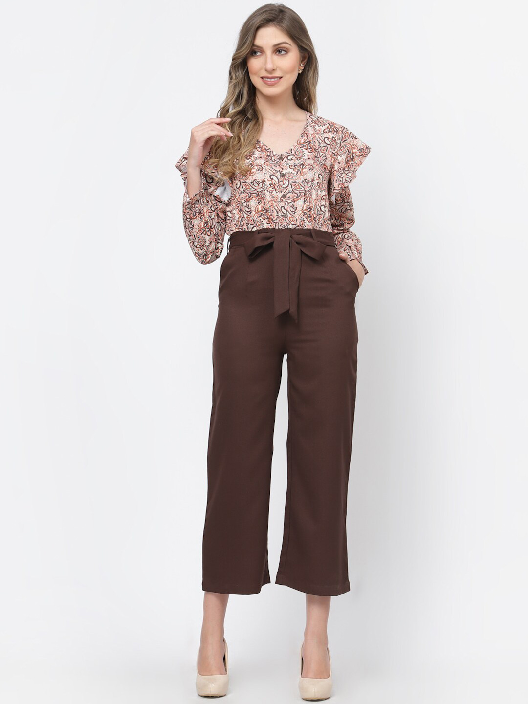 

BELAVINE Ethnic Motifs Printed Basic Jumpsuit With Belt, Brown