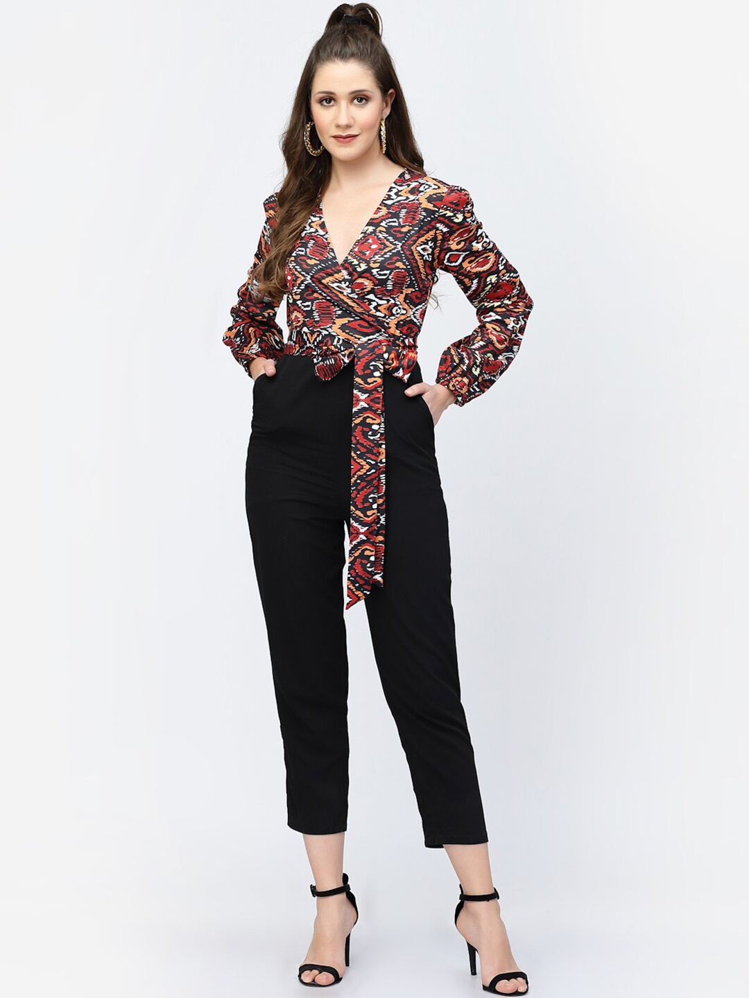 

BELAVINE Geometric Printed Slim Fit Basic Jumpsuit With Belt, Red