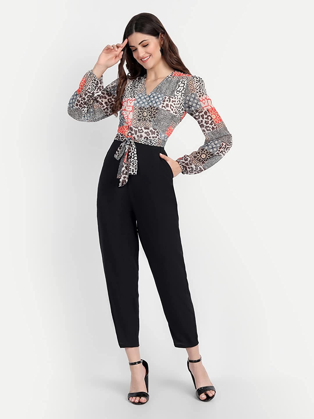 

BELAVINE Printed Waist Tie-Ups Basic Jumpsuit, Black