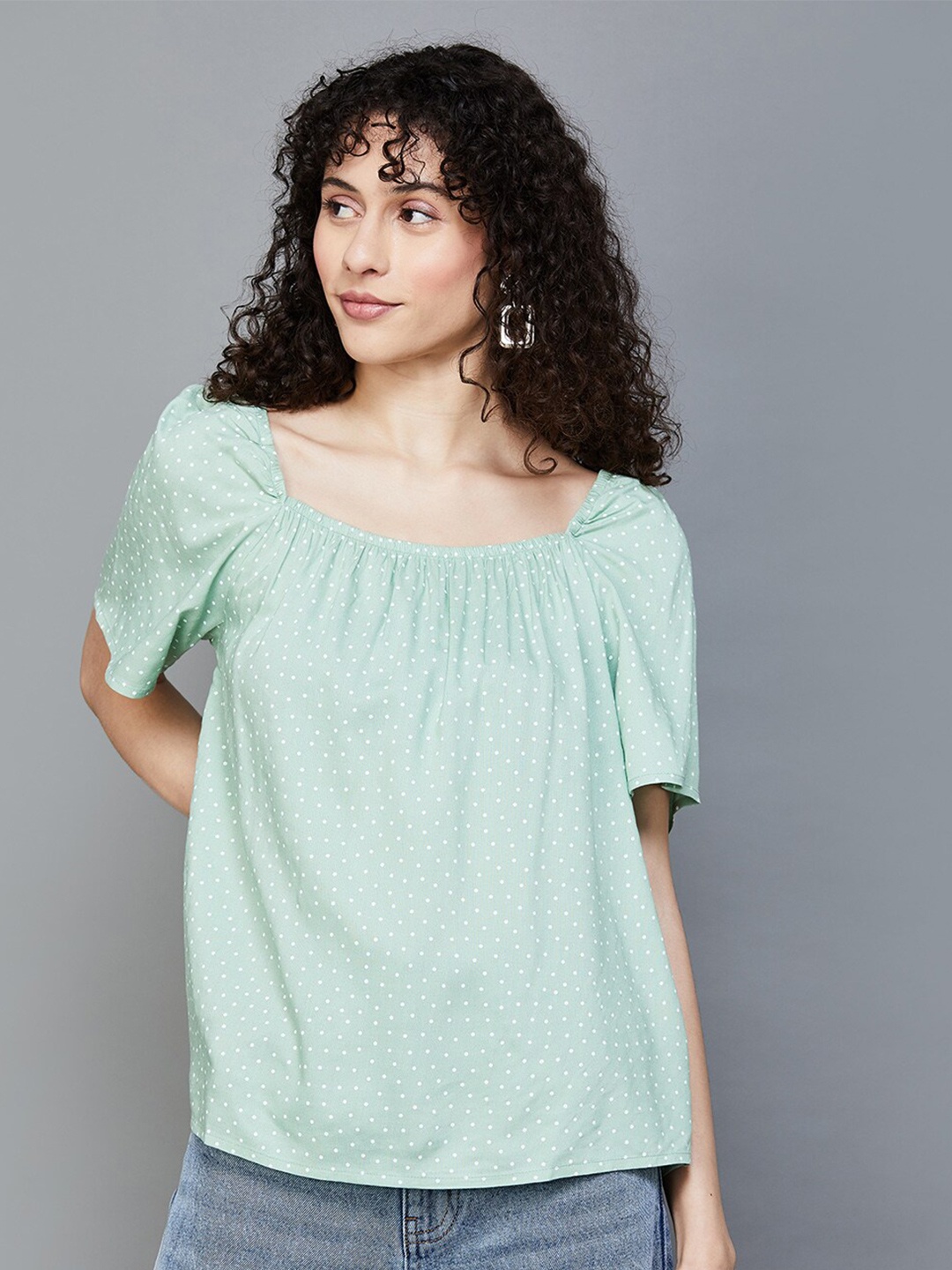 

Fame Forever by Lifestyle Polka Dot Print Flared Sleeve Top, Sea green