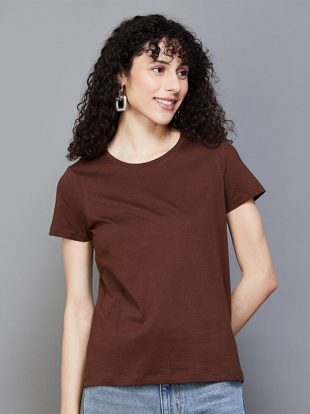 

Fame Forever by Lifestyle Round Neck Pure Cotton Casual T-shirt, Brown