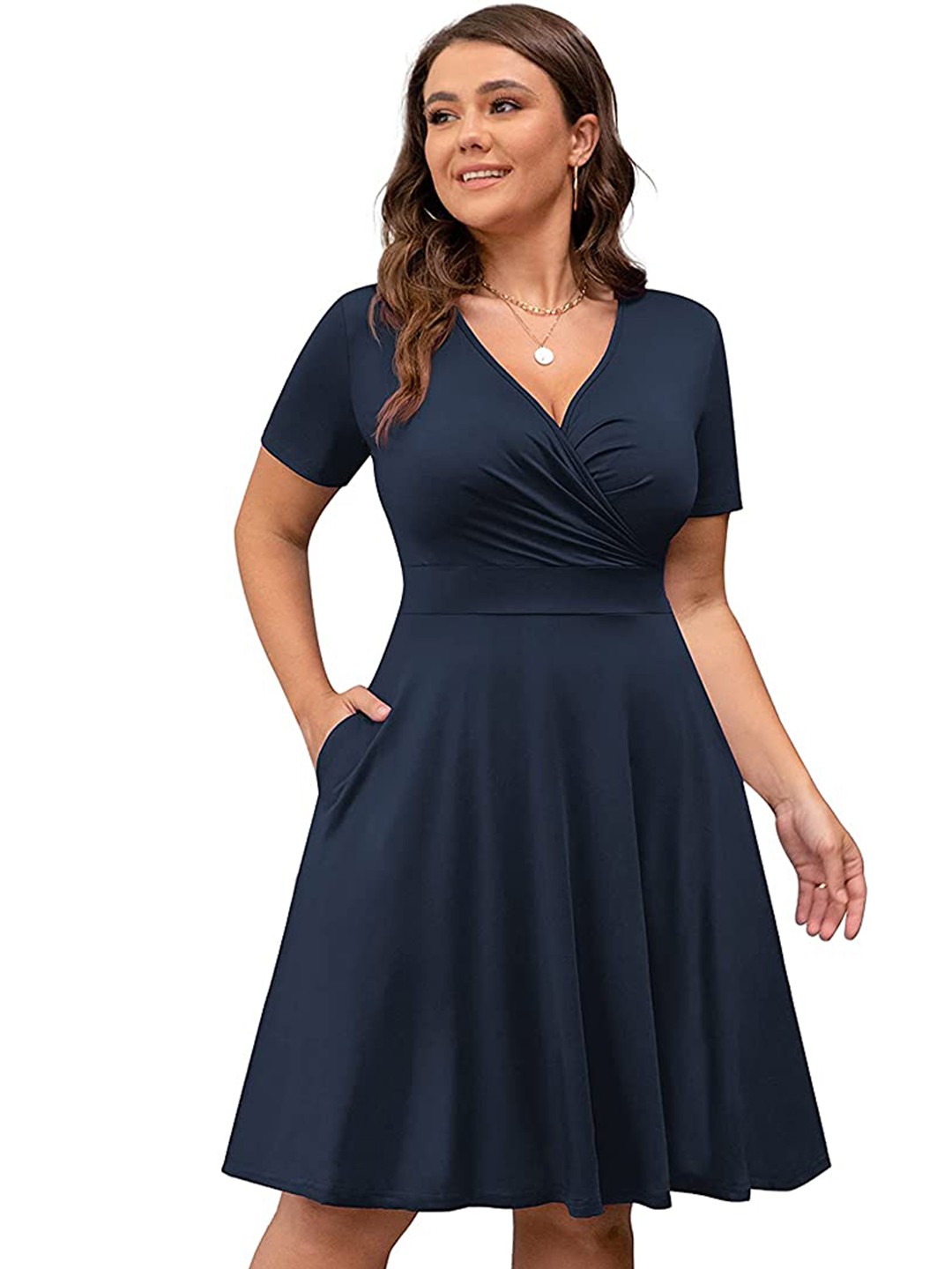 

Samsara Couture Plus Size V-Neck Gathered Detail Fit & Flare Dress, Navy blue