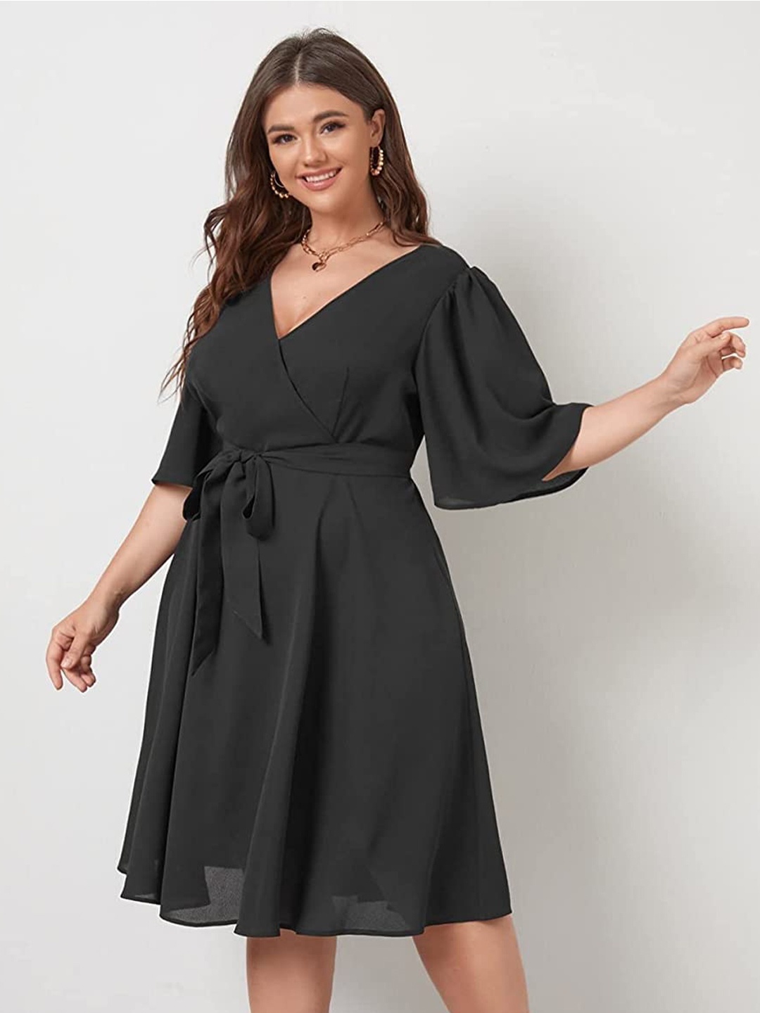 

Samsara Couture Plus Size V-Neck Flared Sleeves Tie-Ups Detail Fit & Flare Dress, Black