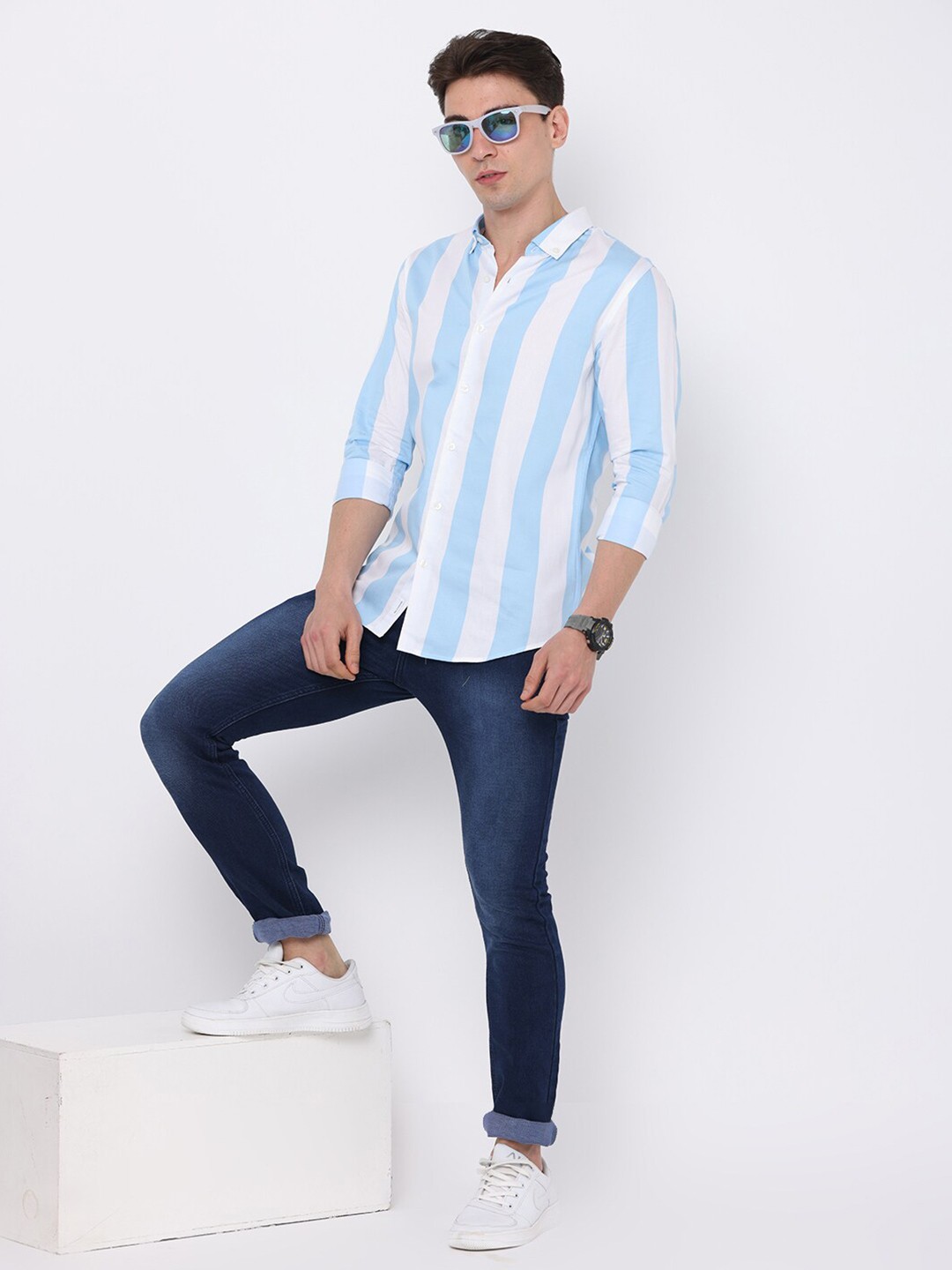 

FLY 69 Premium Slim Fit Striped Pure Cotton Casual Shirt, Blue