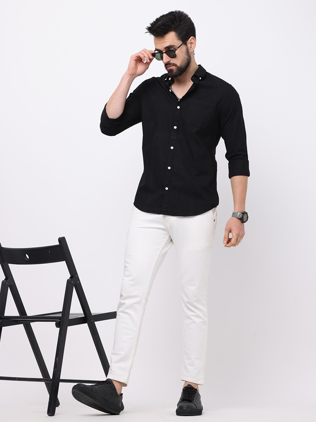 

FLY 69 Premium Spread Collar Slim Fit Cotton Shirt, Black