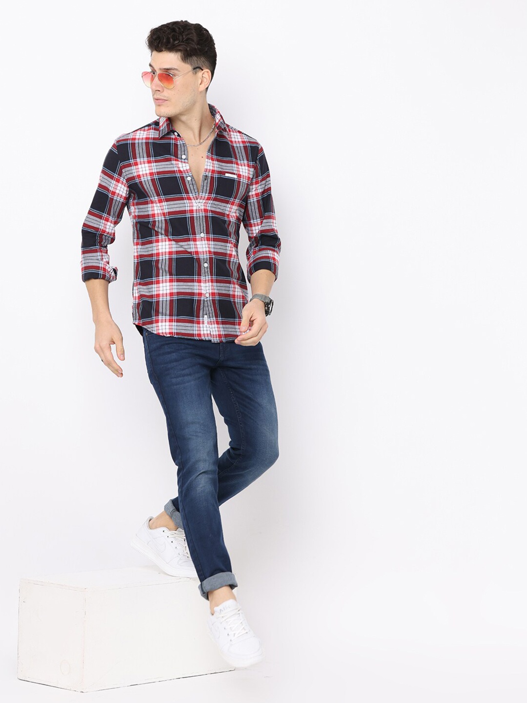 

FLY 69 Premium Tartan Checked Slim Fit Cotton Shirt, Navy blue