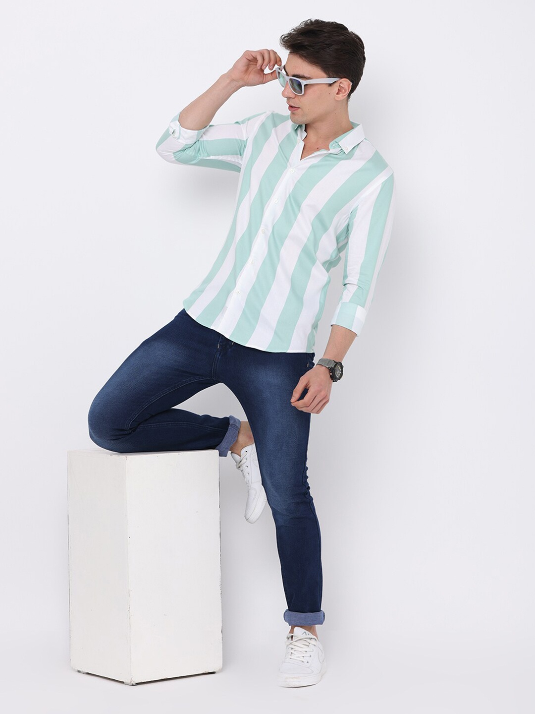 

FLY 69 Men Premium Slim Fit Striped Long Sleeves Cotton Casual Shirt, Green