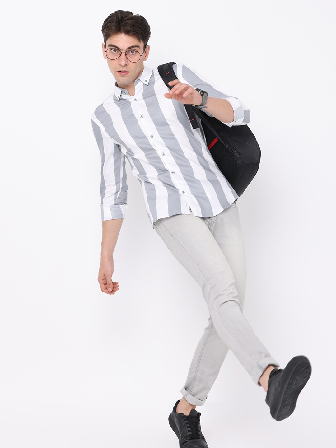 

FLY 69 Premium Slim Fit Striped Pure Cotton Casual Shirt, Grey