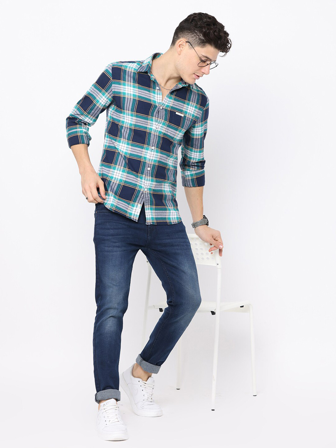 

FLY 69 Premium Slim Fit Tartan Checks Long Sleeves Cotton Casual Shirt, Green