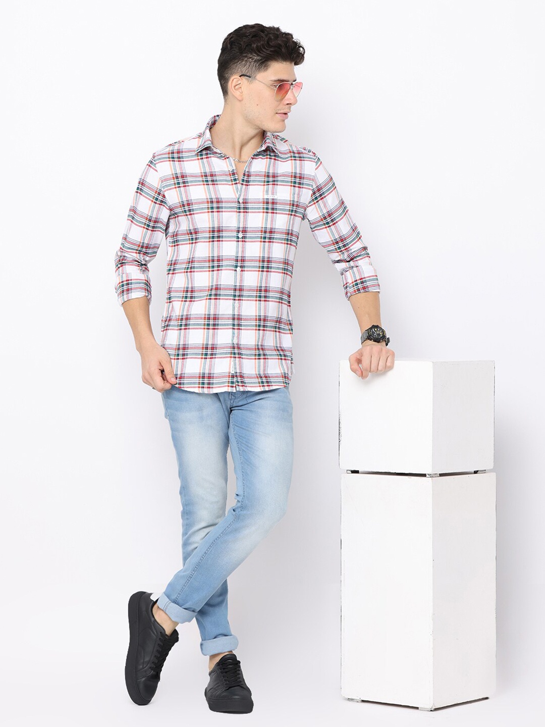 

FLY 69 Premium Slim Fit Checked Pure Cotton Casual Shirt, Off white