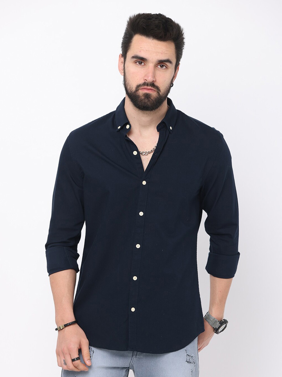 

FLY 69 Premium Slim Fit Pure Cotton Casual Shirt, Navy blue