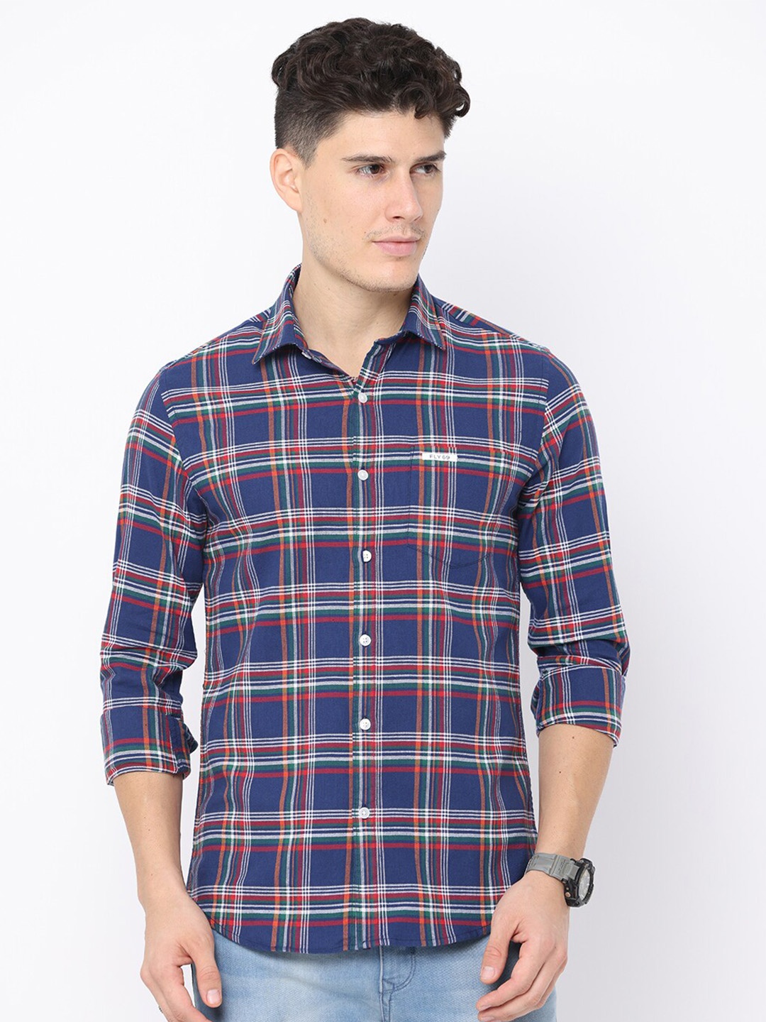 

FLY 69 Premium Slim Fit Tartan Checked Spread Collar Pure Cotton Casual Shirt, Navy blue
