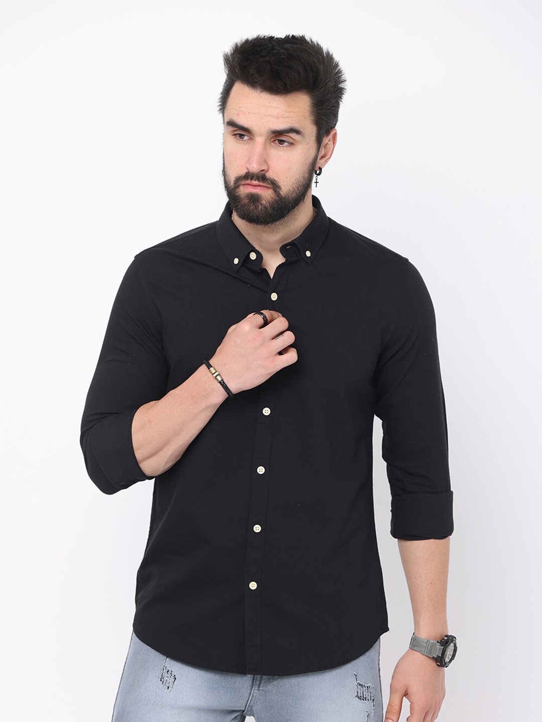

FLY 69 Premium Slim Fit Button-Down Collar Pure Cotton Casual Shirt, Black
