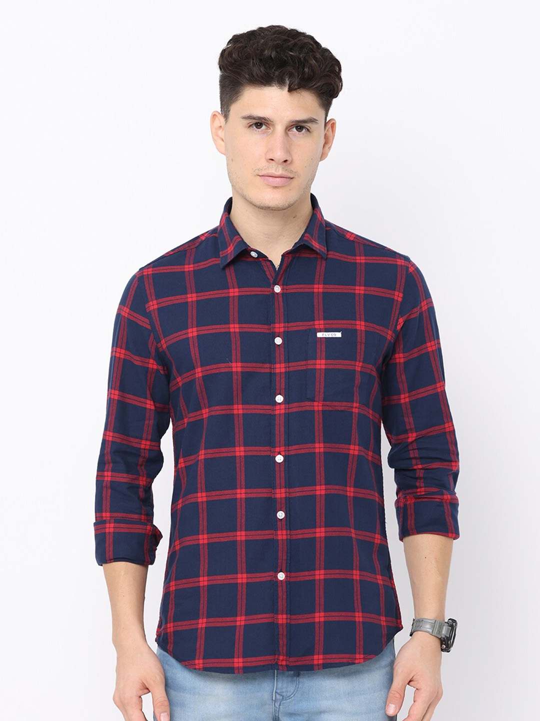 

FLY 69 Premium Slim Fit Tartan Checked Pure Cotton Casual Shirt, Navy blue