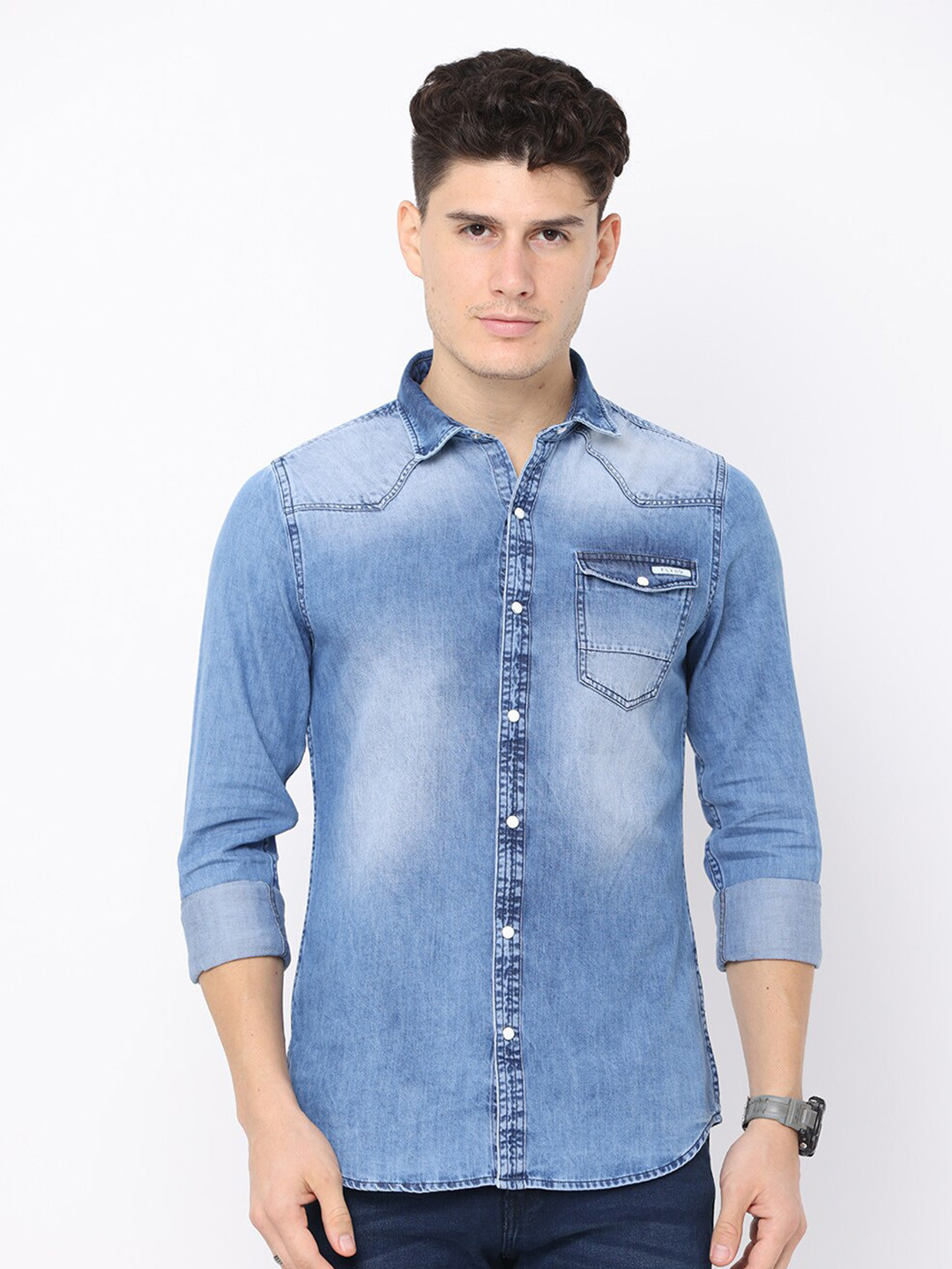 

FLY 69 Spread Collar Premium Slim Fit Faded Casual Denim Shirt, Blue