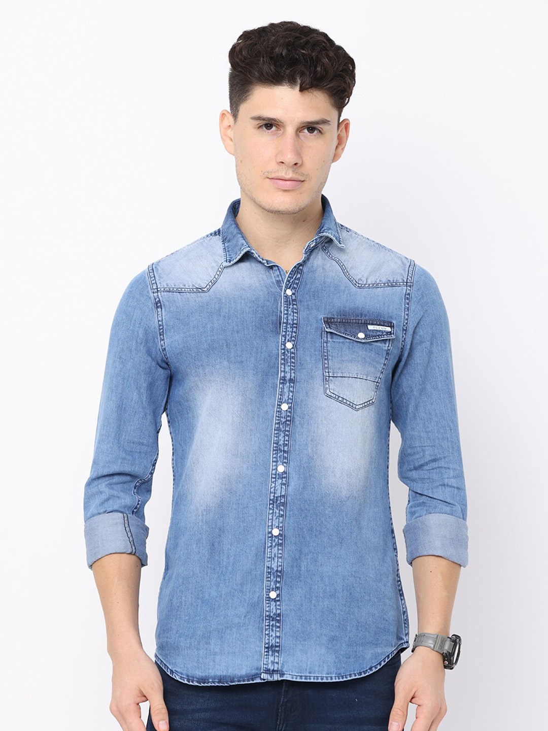 

FLY 69 Premium Slim Fit Faded Denim Casual Shirt, Blue