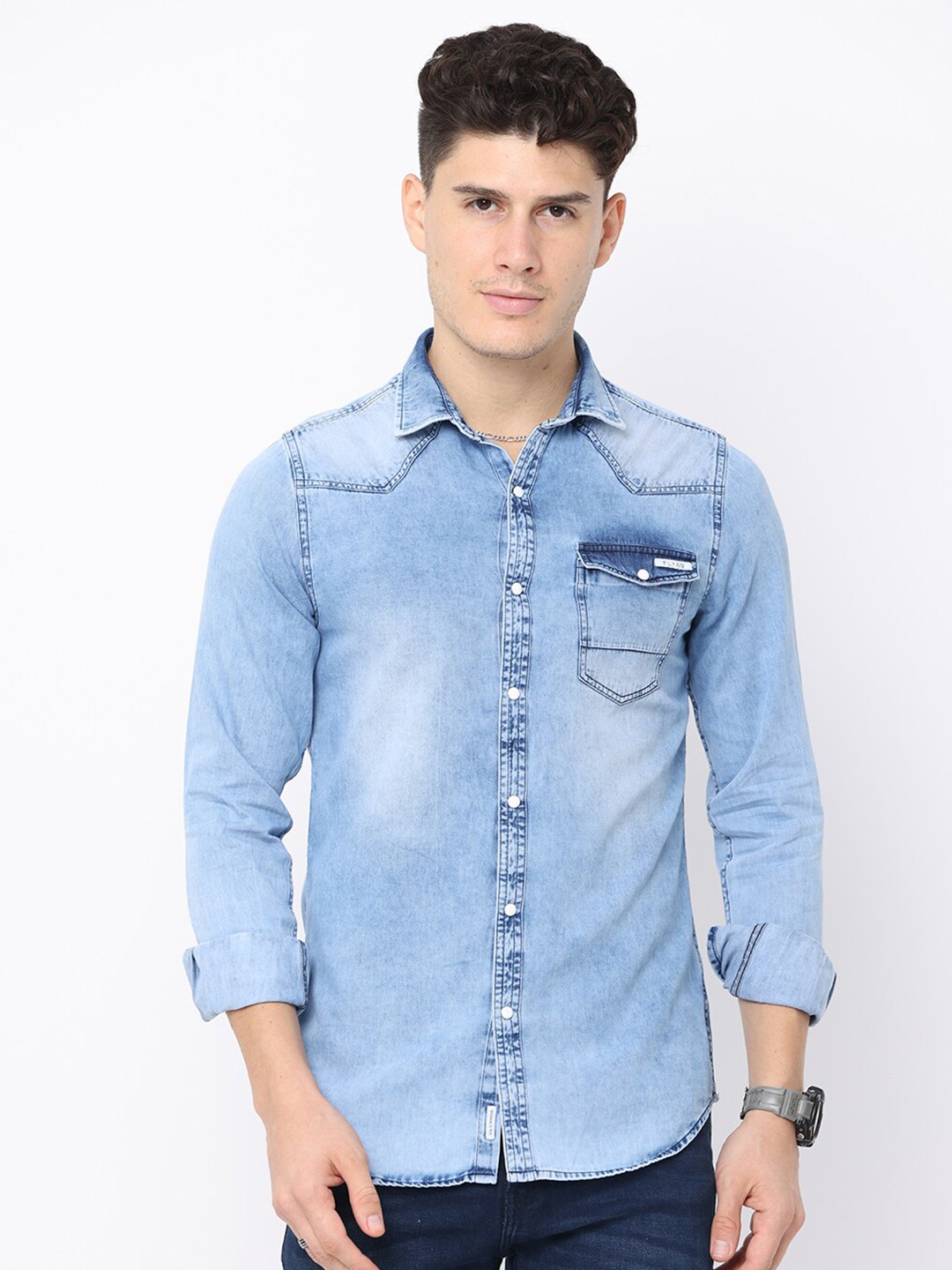 

FLY 69 Men Premium Slim Fit Faded Spread Collar Long Sleeves Casual Shirt, Blue
